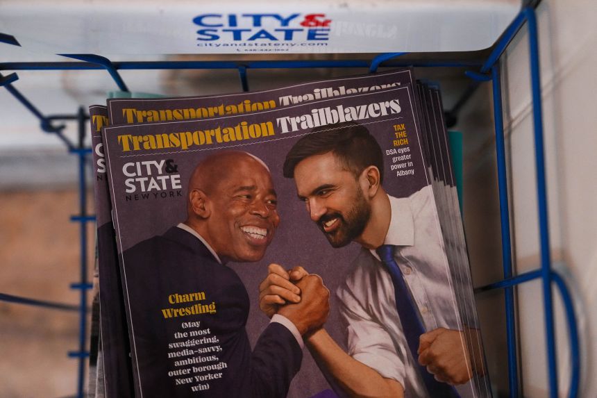 A copy of City & State New York shows a mocked up image of New York City Mayor Eric Adams and candidate Zohran Mamdani on July 14.