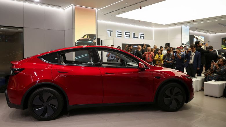 The Tesla Model Y on display in its first showroom in India, which opened in Mumbai on Tuesday.