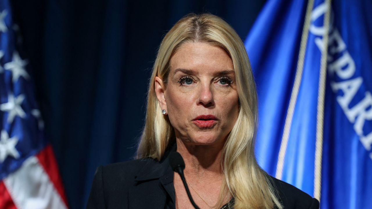 Attorney General Pam Bondi at a press conference at DEA Headquarters in Arlington, Virginia, U.S., July 15, 2025.