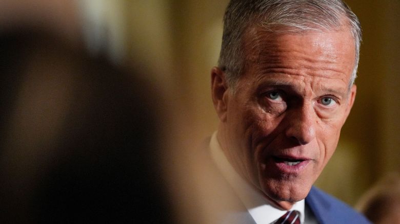 Senate Majority Leader John Thune talks to reporters after a policy luncheon meeting on Capitol Hill in Washington, DC, on Tuesday.