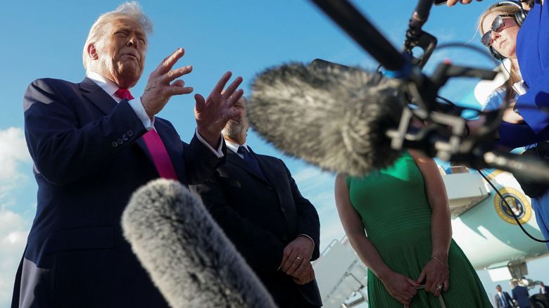 President Donald Trump speaks with the media upon his arrival from Pennsylvania, at Joint Base Andrews, Maryland, on Tuesday.