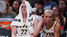 Jul 15, 2025; Boston, Massachusetts, USA; Indiana Fever guard Caitlin Clark (22) reacts on the bench after a play against the Connecticut Sun in the second half at TD Garden. Mandatory Credit: David Butler II-Imagn Images