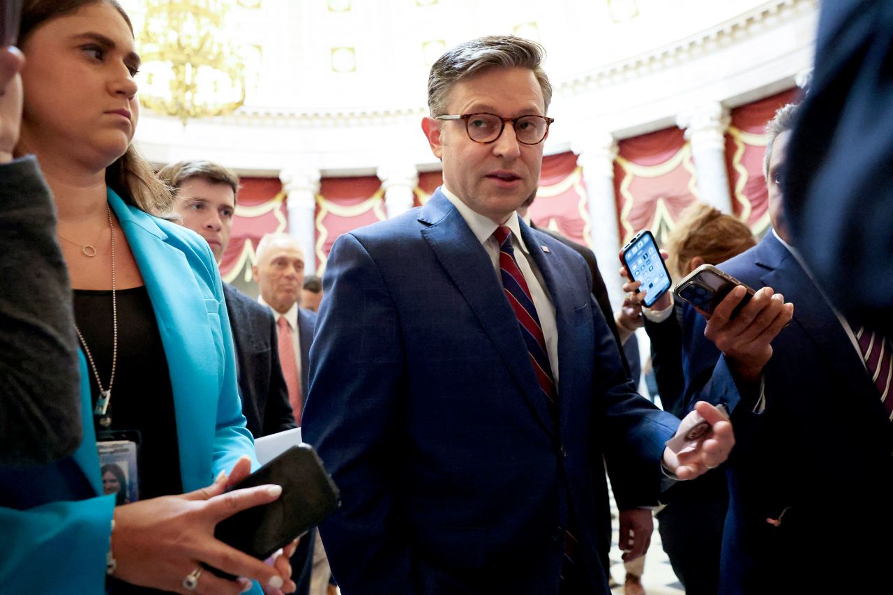 House Speaker Mike Johnson speaks to reporters at the Capitol on Thursday.