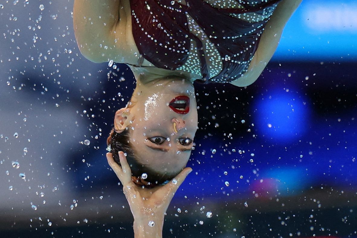 Artistic swimmers from Spain perform at the World Aquatics Championships in Singapore on Sunday, July 20.
