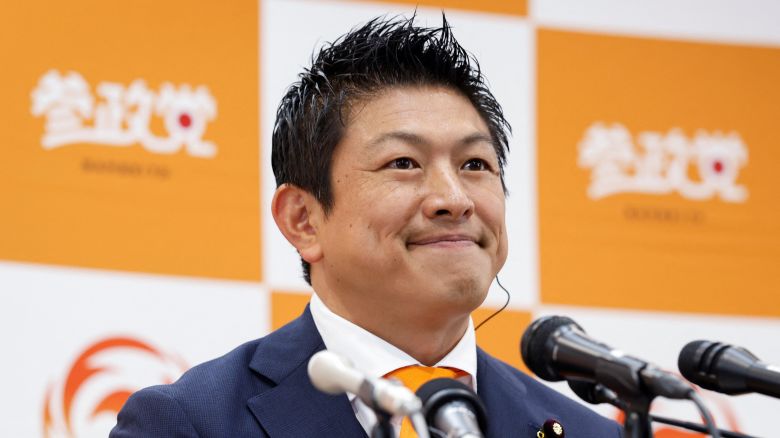 Japan's Sanseito party leader Sohei Kamiya reacts as he speaks to the members of the media on the day of the upper house election, at the party's headquarters in Tokyo, Japan, July 20, 2025.