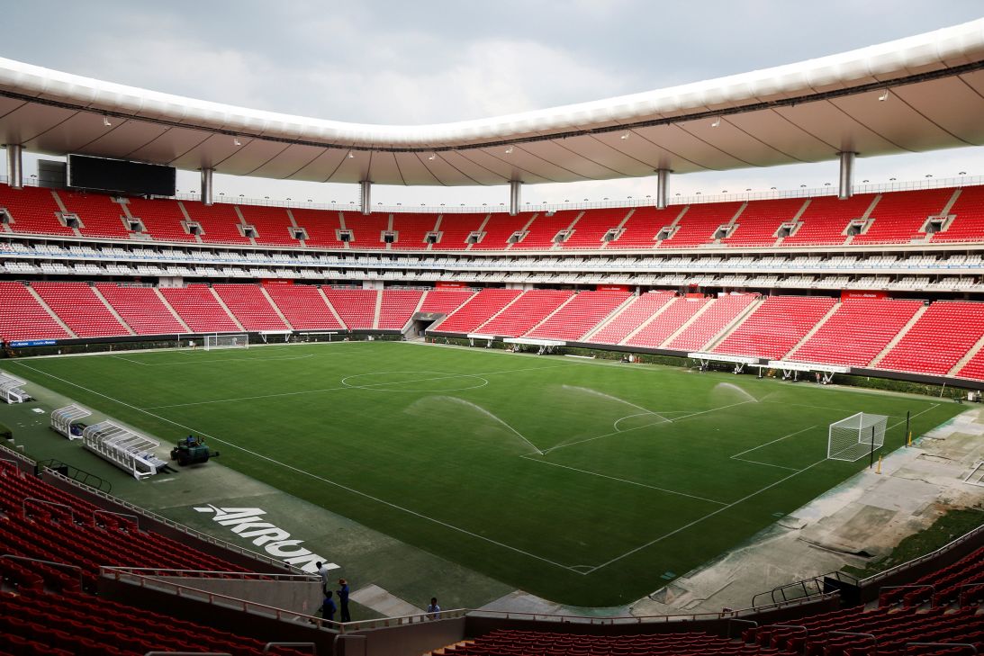 New turf installed on the field of the Akron stadium, which will be one of the three venues in Mexico for the 2026 FIFA World Cup, near Guadalajara on July 22.