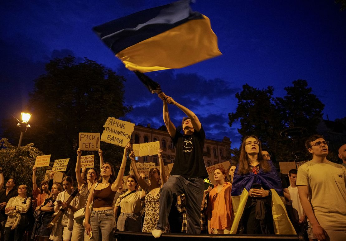 People protest against the new law in Kyiv on July 22, 2025.