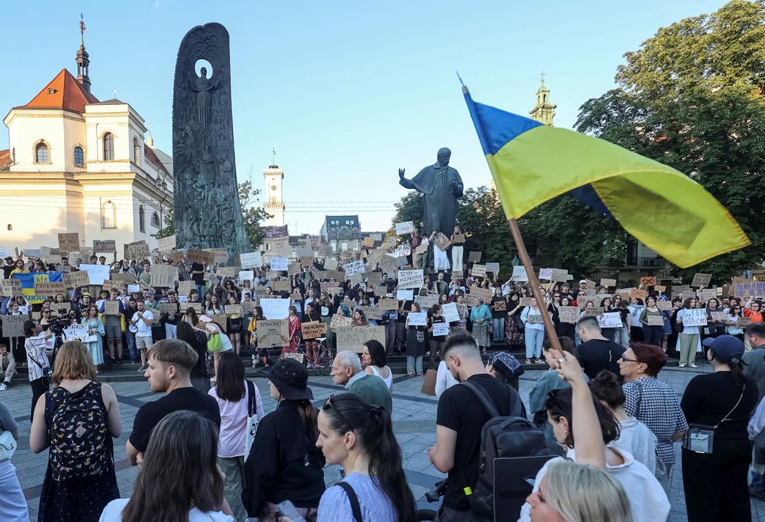 Ukrainians attend a rally against the new law in central Lviv, Ukraine on July 22, 2025.