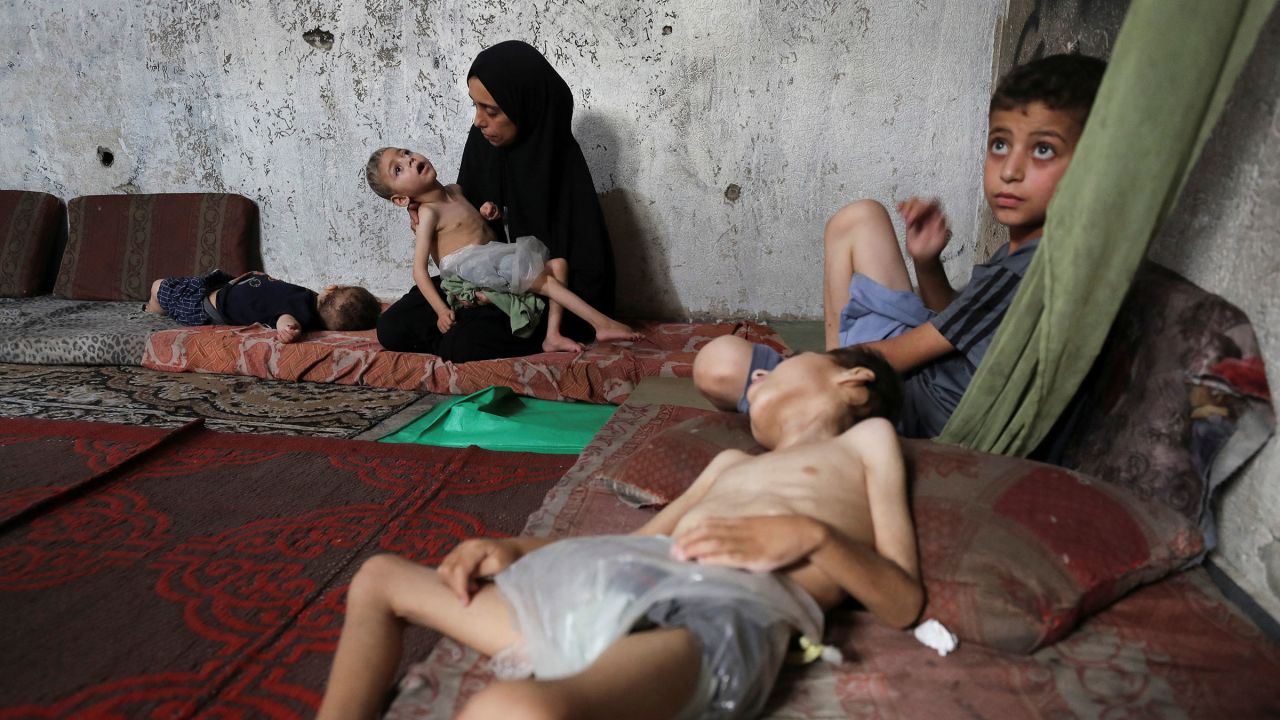 Displaced Palestinian mother Samah Matar holds her malnourished son Ameer, who suffers from cerebral palsy, as her other son Youssef, also malnourished and suffering from cerebral palsy, lies on a mattress at a school where they shelter amid a hunger crisis, in Gaza City, July 24, 2025. REUTERS/Mahmoud Issa TPX IMAGES OF THE DAY
