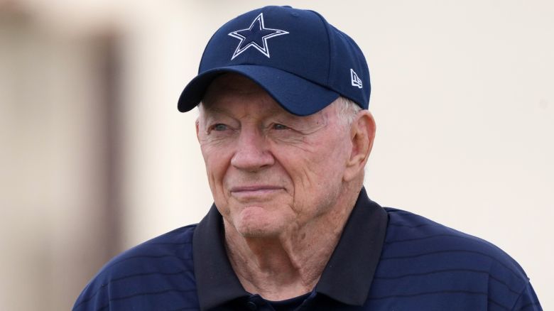 Jul 26, 2025; Oxnard, CA, USA; Dallas Cowboys owner Jerry Jones at training camp at the River Ridge Fields. Mandatory Credit: Kirby Lee-Imagn Images