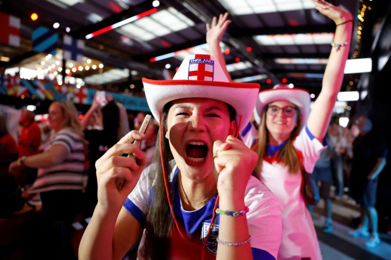 England fans celebrate winning the penalty shootout and the final of the UEFA Women's Euro 2025 at BOXPARK Wembley.