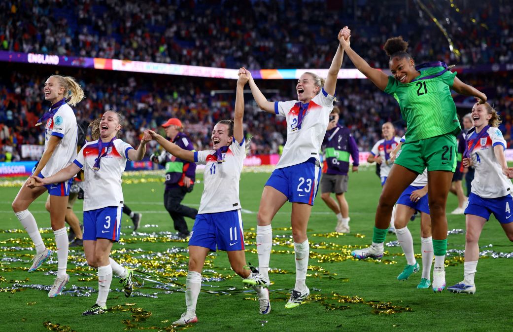 Esme Morgan, Niamh Charles, Lauren Hemp, Alessia Russo and Khiara Keating celebrate after being crowned 2025 European champions in Basel, Switzerland.