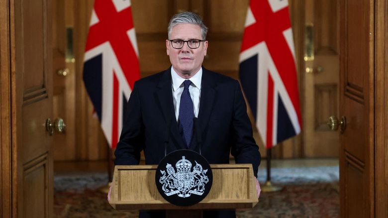 Britain's Prime Minister Keir Starmer delivers a statement inside No. 10 Downing Street in London on July 29, 2025, the day the cabinet was recalled to discuss the situation in Gaza.