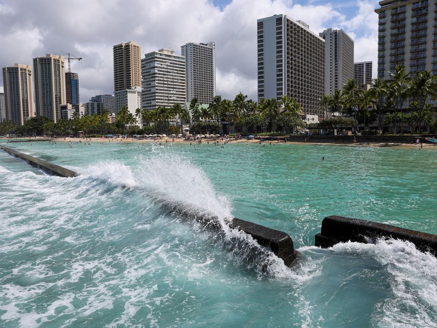 Waves slam into a sea wall off Waikiki Beach after authorities downgraded earlier tsunami warnings following an earthquake off Russia’s Kamchatka Peninsula, in Honolulu, Hawaii, U.S., July 30, 2025.