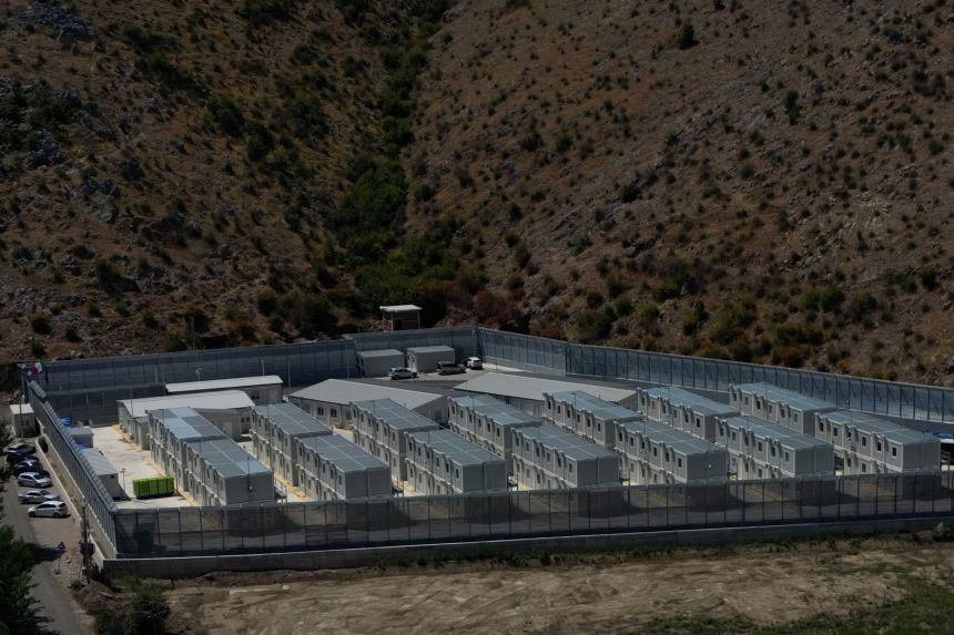 A drone view shows one of Italy's migrant detention centers in Gjader, Albania on July 31, 2025.
