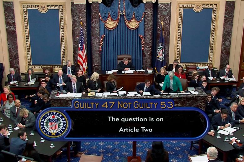 Senators cast their votes on the second article of impeachment, during President Donald Trump's first impeachment trial, in this frame grab taken from a video shot in the Senate Chamber on February 5, 2020.