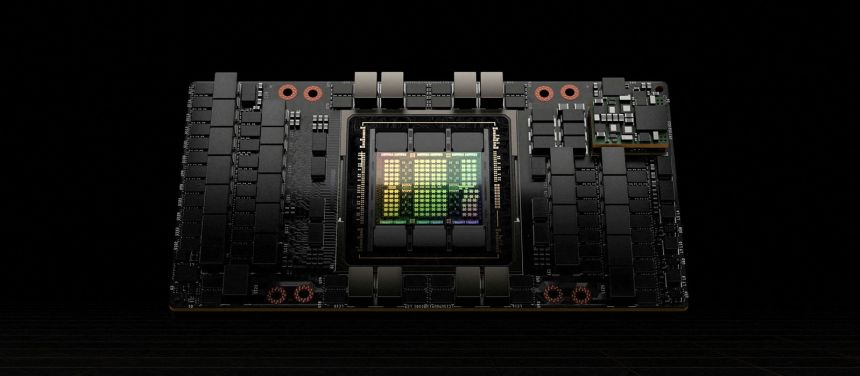 Shown is the H100, Nvidia's latest GPU optimized to handle large artificial intelligence models used to create text, computer code, images, video or audio