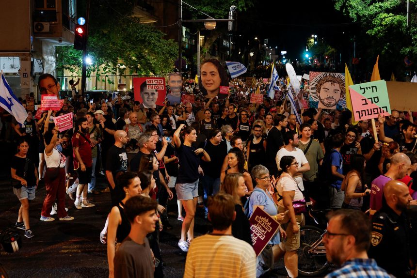 Demonstrators and relatives of hostages protest demanding the immediate release of the hostages and the end of the war, in Tel Aviv, Israel on Thursday.