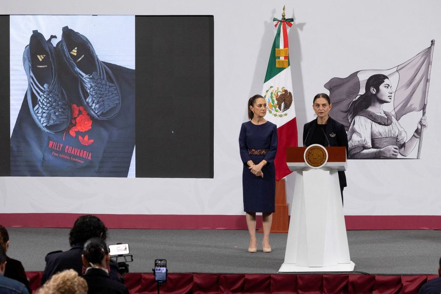 Marina Nunez Bespalova, Mexico’s Undersecretary of Cultural Development, speaks during President Claudia Sheinbaum’s morning press conference at the National Palace to condemn Adidas and designer Willy Chavarria over the “Oaxaca Slip On” shoe, in Mexico City on August 8.
