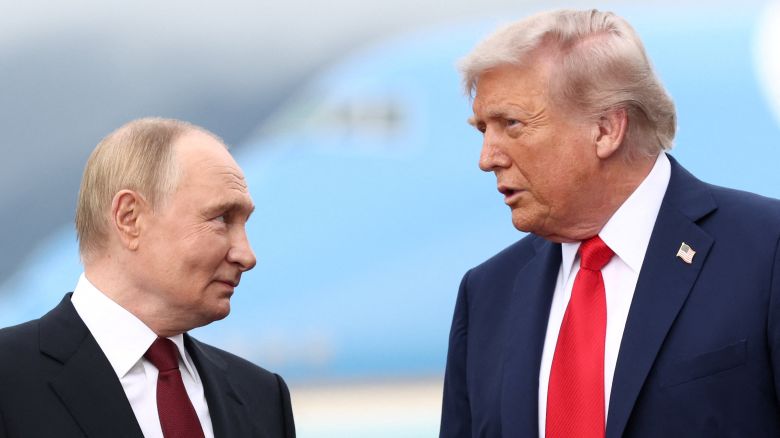 US President Donald Trump speaks with Russian President Vladimir Putin at Joint Base Elmendorf-Richardson in Anchorage, Alaska, on August 15, 2025.