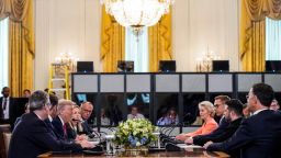 U.S. President Donald Trump meets Ukrainian President Volodymyr Zelenskiy, German Chancellor Friedrich Merz, French President Emmanuel Macron, British Prime Minister Keir Starmer, Italian Prime Minister Giorgia Meloni, Finland's President Alexander Stubb, NATO Secretary General Mark Rutte and European Commission President Ursula von der Leyen amid negotiations to end the Russian war in Ukraine, at the White House in Washington, D.C., U.S., August 18, 2025.