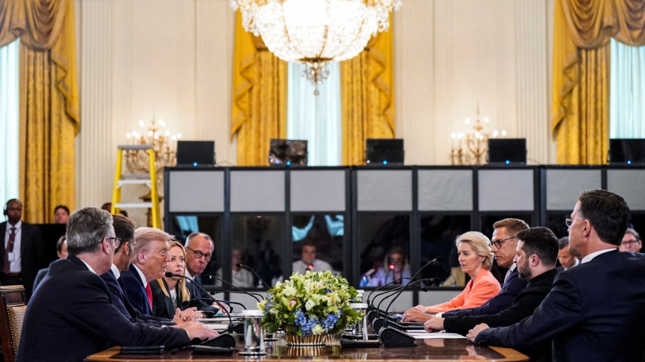 U.S. President Donald Trump meets Ukrainian President Volodymyr Zelenskiy, German Chancellor Friedrich Merz, French President Emmanuel Macron, British Prime Minister Keir Starmer, Italian Prime Minister Giorgia Meloni, Finland's President Alexander Stubb, NATO Secretary General Mark Rutte and European Commission President Ursula von der Leyen amid negotiations to end the Russian war in Ukraine, at the White House in Washington, D.C., U.S., August 18, 2025.