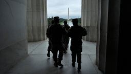 Members of the National Guard walk inside the Lincoln Memorial in Washington, DC, on August 18.