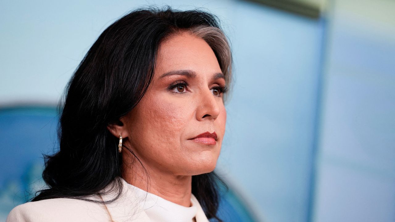 Director of National Intelligence Tulsi Gabbard looks on during a press briefing at the White House on July 23, 2025.