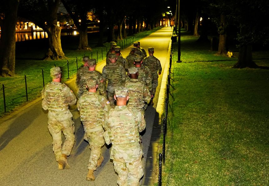 Members of the National Guard patrol the National Mall, after U.S. President Donald Trump deployed National Guard and ordered an increased presence of federal law enforcement to assist in crime prevention, in Washington, D.C., U.S., August 22, 2025.