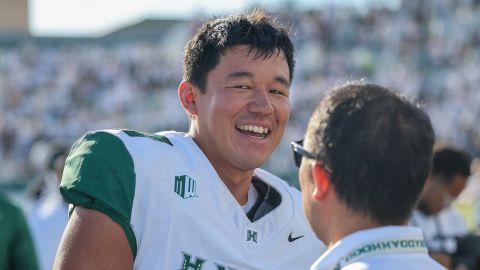 Aug 23, 2025; Honolulu, Hawaii, USA; Hawaii Rainbow Warriors placekicker Kansei Matsuzawa (17) reacts after making the winning field goal over the Stanford Cardinal during the second half at Clarence T.C. Ching Athletics Complex. Mandatory Credit: Marco Garcia-Imagn Images