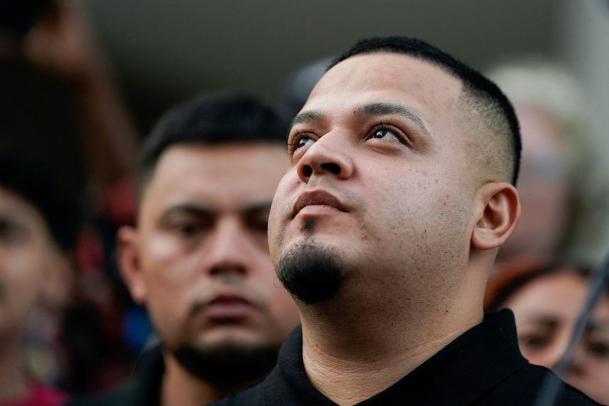 Kilmar Abrego attends an event with supporters as he appears for a check-in at the ICE Baltimore field office three days after his release from criminal custody, on August 25.