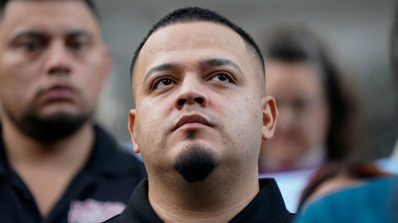 Kilmar Abrego Garcia attends an event with supporters, as he appears for a check-in at the ICE field office in in Baltimore, Maryland, on August 25, 2025.