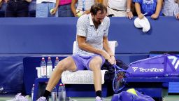 Tennis - U.S. Open - Flushing Meadows, New York, United States - August 25, 2025
Russia's Daniil Medvedev breaks his racquet after his first round match against France's Benjamin Bonzi REUTERS/Eduardo Munoz