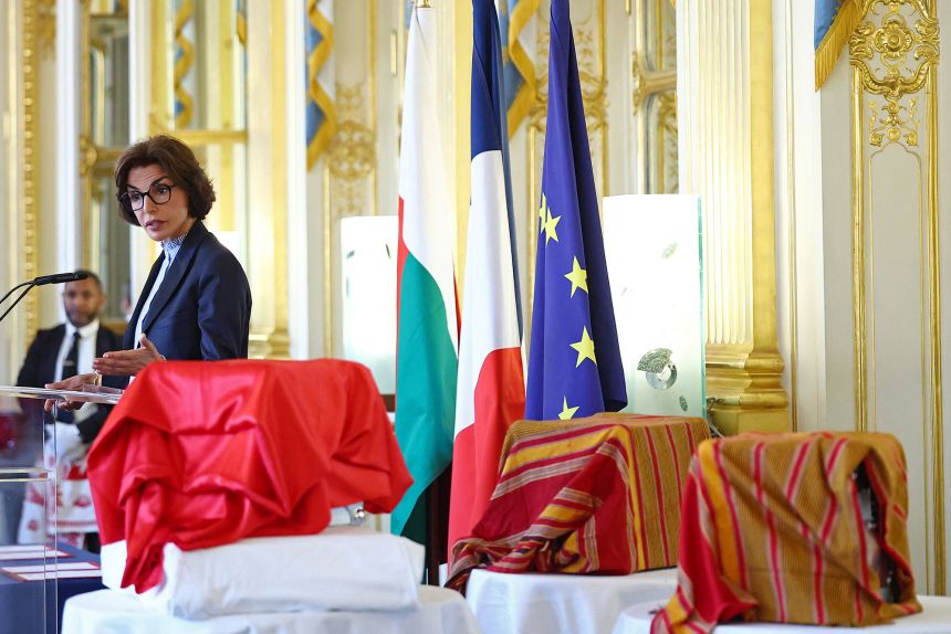 Rachida Dati, French culture minister, delivers a speech during the ceremony to mark the return of three Sakalava skulls.