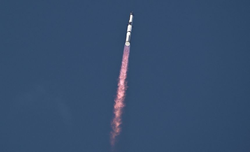 A SpaceX Super Heavy booster carrying the Starship spacecraft lifts off on its 10th test flight at the company's launchpad in Starbase, Texas, on August 26.