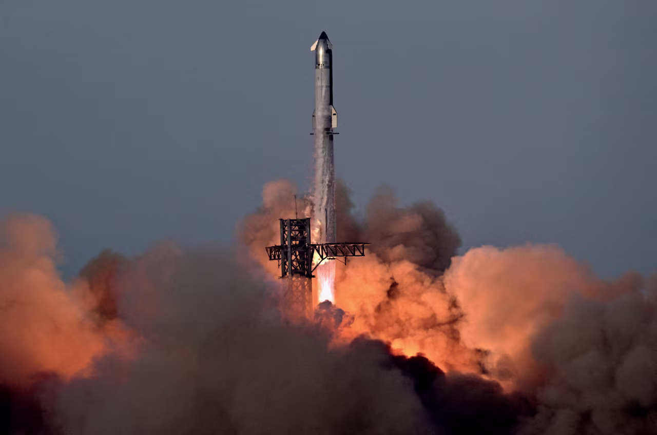 A SpaceX Super Heavy booster carrying the Starship spacecraft lifts off on its 10th test flight at the company's launchpad in Starbase, Texas, on August 26.