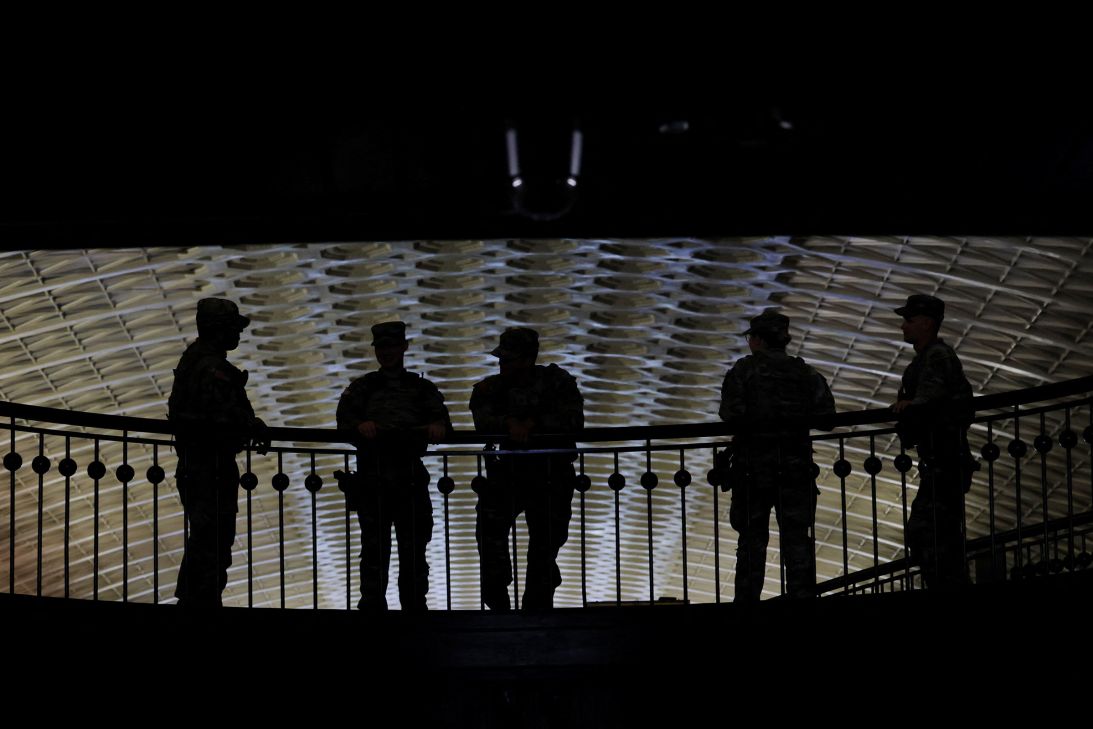 Members of the Louisiana National Guard stand inside Washington, DC's, Union Station on August 27.