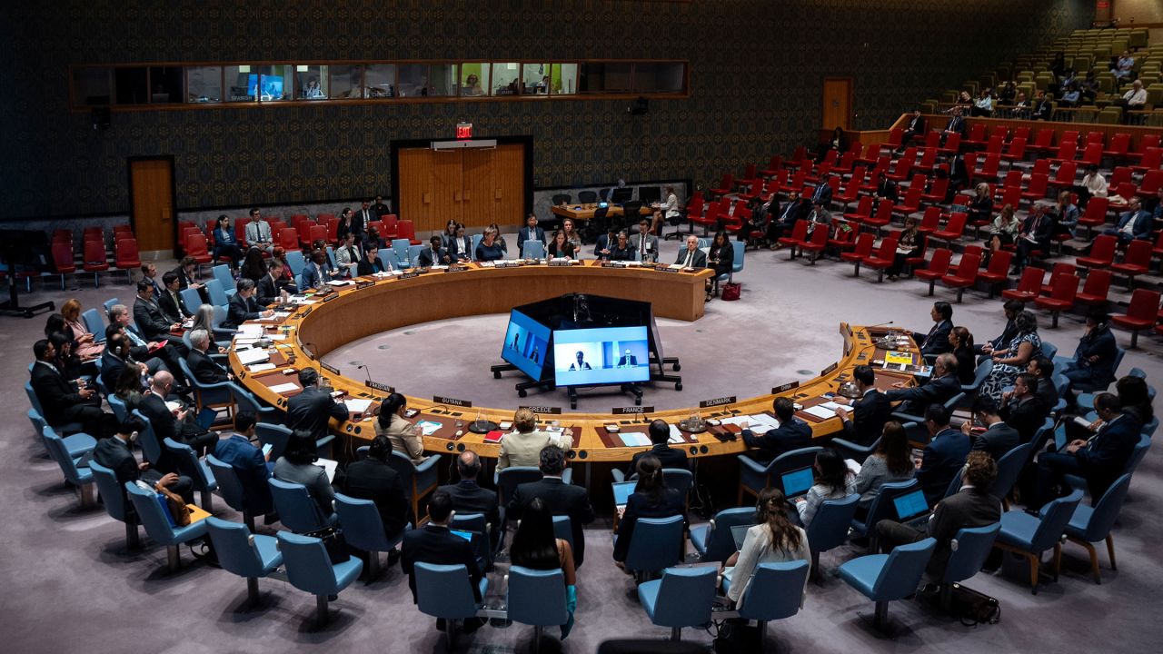 Representatives attend a meeting of the UN Security Council on the Israel-Palestinian conflict at the UN Headquarters in New York on August 27, 2025.