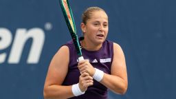 Aug 27, 2025; Flushing, NY, USA; Jelena Ostapenko of Latvia in action against Taylor Townsend of the United States in the second round of the women’s singles at the US Open at Billie Jean King National Tennis Center.