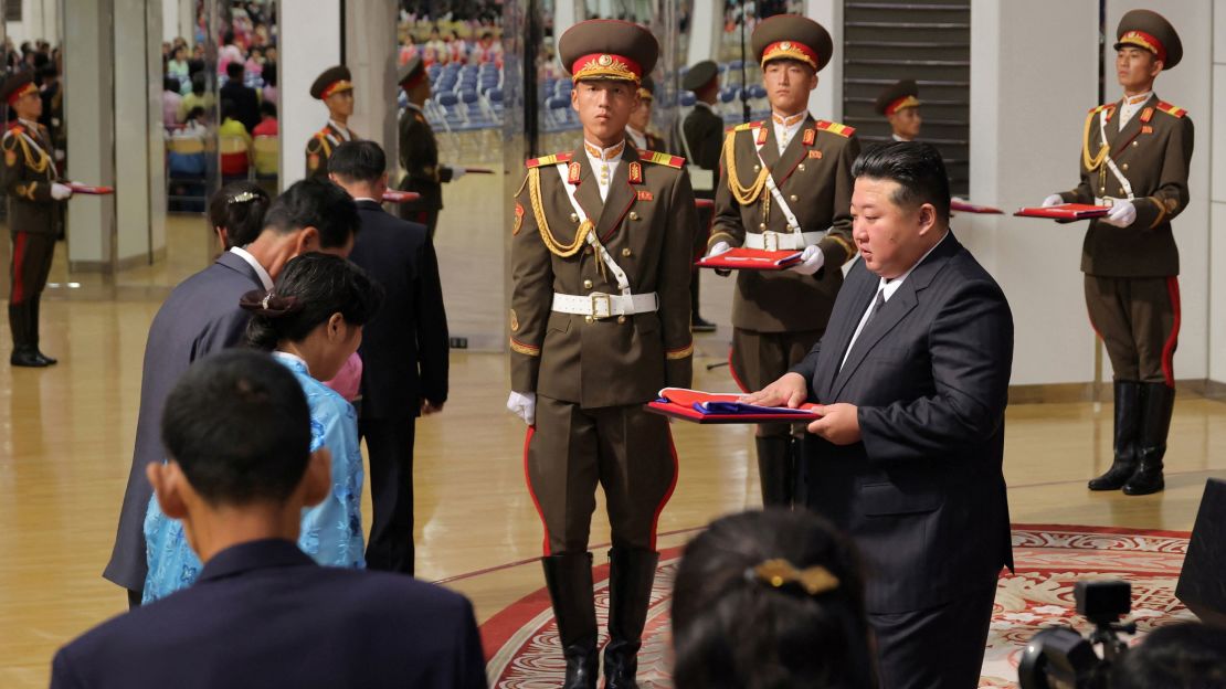 North Korean leader Kim Jong Un in Pyongyang, meeting with the families of soldiers who fought for Russia in their war against Ukraine.