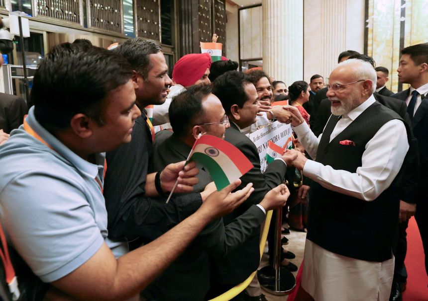 Indian Prime Minister Modi is welcomed by the Indian community upon arrival at the Shanghai Cooperation Agency summit held at a hotel in Tianjin, China on August 30, 2025.