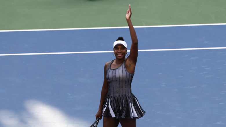 Venus Williams celebrates winning her second round women's doubles match with Canada's Leylah Fernandez.