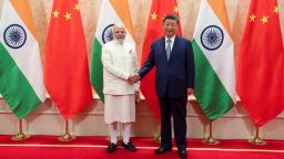 India's Prime Minister Narendra Modi shakes hands with Chinese President Xi Jinping during a meeting on the sidelines of Shanghai Cooperation Organisation (SCO) Summit in Tianjin, China, on August 31, 2025..