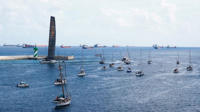 Global Sumud Flotilla, a humanitarian expedition to Gaza, led by activists including Greta Thunberg, departs from the port of Barcelona, as container ships are seen in the background, Spain August 31, 2025.
