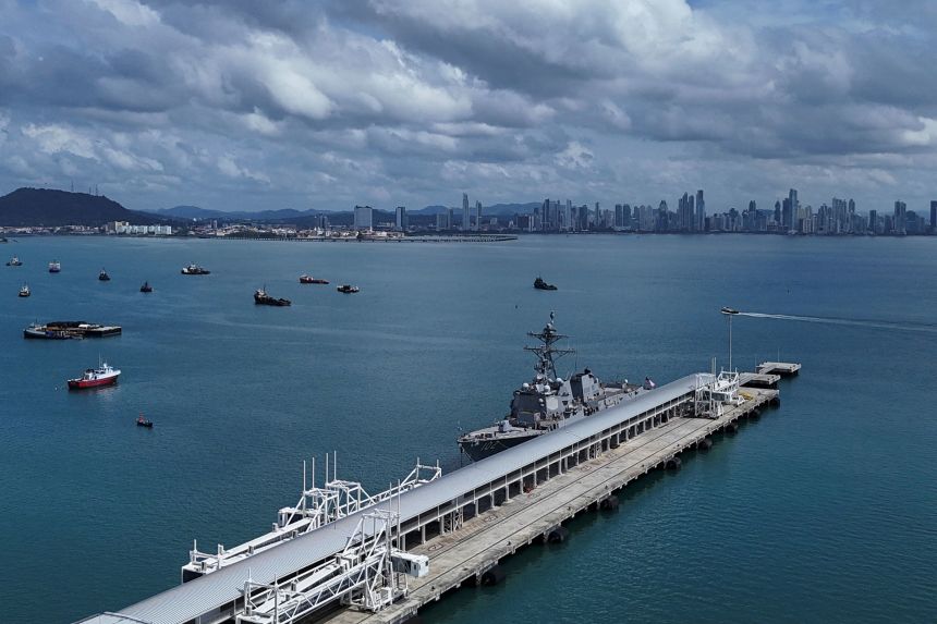 The US Navy guided missile destroyer USS Sampson near the entrance to the Panama Canal on August 31, amid a buildup of US naval forces around the Southern Caribbean.