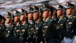 Soldiers stand during the rehearsal ahead of a military parade to mark the 80th anniversary of the end of World War Two, in Beijing, China, September 3, 2025. REUTERS/Tingshu Wang
