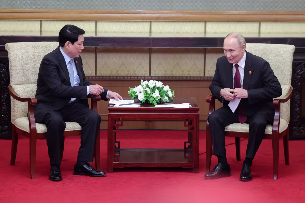 Russian President Vladimir Putin, right, attends a meeting with Luong Cuong, his counterpart from Vietnam, at Diaoyutai State Guesthouse in Beijing, China, on Wednesday.