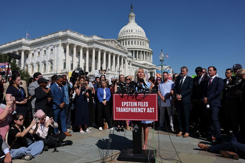 Rep. Marjorie Taylor Greene speaks during a press conference to discuss the Epstein Files Transparency Act on Wednesday.