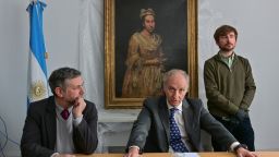 Federal Attorney General Daniel Adler, Assistant Prosecutor Carlos Martinez and curator Ariel Bassano announce the recovery of a painting by Italian artist Giuseppe Ghislandi, allegedly stolen by the Nazis during World War II.