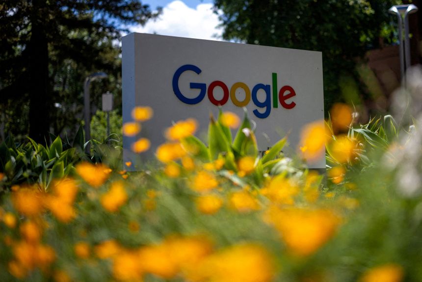 A Google logo is seen at a company research facility in Mountain View, California, on May 13.